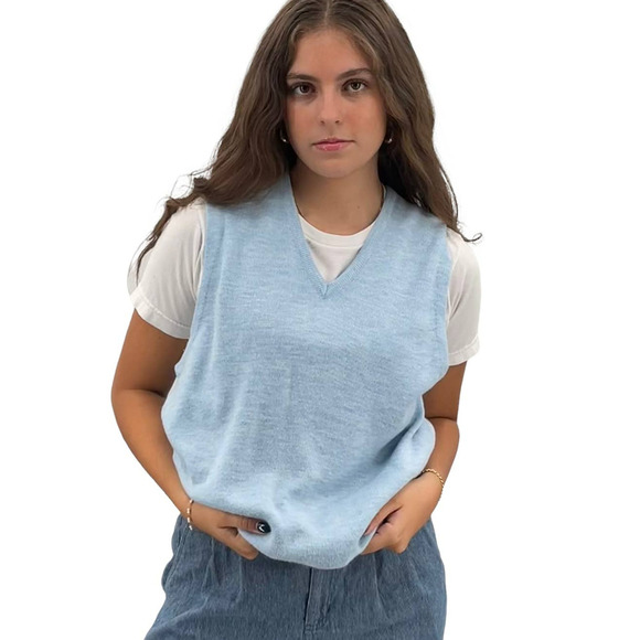 Vintage Sweaters - Vintage Sweater Vest Sleeveless V-Neck Pullover Solid Baby Blue SOFT Unisex | M